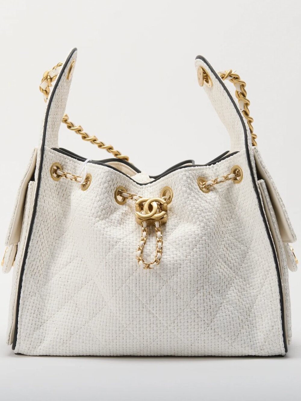 Chanel 25 Handbag White Black Braided Raffia Calfskin Quilted Small Bag